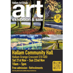 Poster for a Hallam Art Group art exhibition and sale. The design features landscape paintings, including a tree-lined scene and countryside views. Large white text reads “art exhibition & sale.” Event details state: Hallam Community Hall, Hallam Grange Crescent, Sheffield S10 4BD, Saturday 21st and Sunday 22nd November, 10am to 5pm. Free admission and refreshments are available. A QR code and Hallam Art Group logo appear at the bottom.