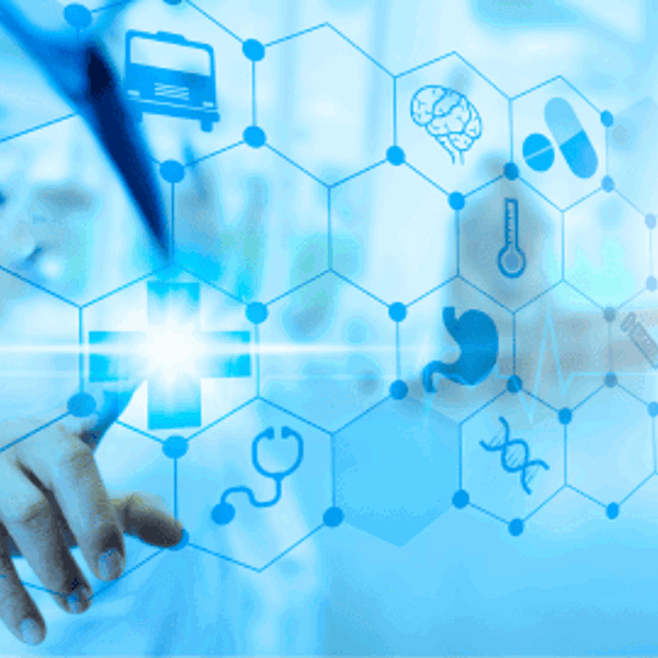A healthcare-themed graphic with a blue color scheme showing a hand touching a glowing medical cross icon on a hexagonal grid. The grid contains various medical symbols, including a brain, pills, thermometer, stomach, and DNA strand, representing different aspects of health and medicine.