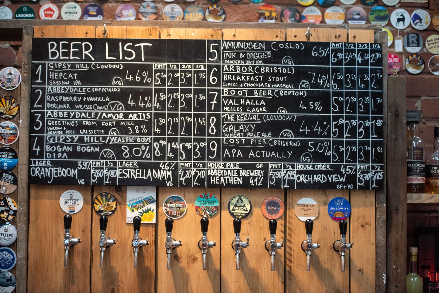 Beers taps and a blackboard with beers listed and prices.