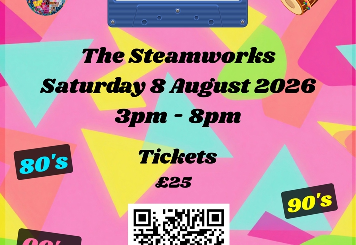 Colourful promotional flyer for “Daytimers – Bhangra Mix” at The Steamworks. The design features a bright retro pink background with neon geometric shapes, a cassette tape labelled “Bhangra Mix”, a disco ball and a dhol drum. Event details read: Saturday 8 August 2026, 3pm–8pm, tickets £25. References to music from the 1980s, 1990s and 2000s appear around a central QR code. Venue: The Steamworks, 111 Randall Street, Sheffield S2 4SJ. Instagram: @theshreem.