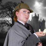 A woman dressed as Sherlock Holmes, holding a curved pipe, looks quizzical. 