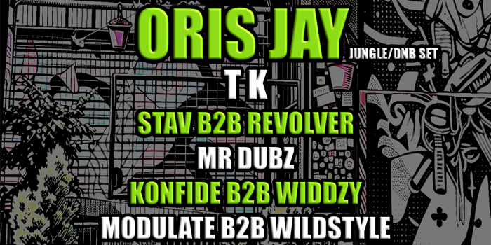 Black, white, and neon-green event poster for “The Saturday Social” at Plot 22, part of The Fringe at Tramlines. Text reads: Saturday 25th July 2026, 6pm–midnight. Special guest Oris Jay (jungle/DnB set), plus TK, Stav B2B Revolver, Mr Dubz, Konfide B2B Widdzy, Modulate B2B Wildstyle, and Sama. MCs: E-L and Mikee Rider Ballistikus. “DNB/Jungle music” and “Free entry” highlighted. Background features illustrated urban murals, bar seating, and venue signage.