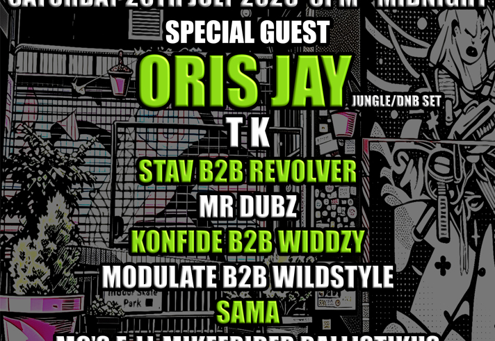 Black, white, and neon-green event poster for “The Saturday Social” at Plot 22, part of The Fringe at Tramlines. Text reads: Saturday 25th July 2026, 6pm–midnight. Special guest Oris Jay (jungle/DnB set), plus TK, Stav B2B Revolver, Mr Dubz, Konfide B2B Widdzy, Modulate B2B Wildstyle, and Sama. MCs: E-L and Mikee Rider Ballistikus. “DNB/Jungle music” and “Free entry” highlighted. Background features illustrated urban murals, bar seating, and venue signage.