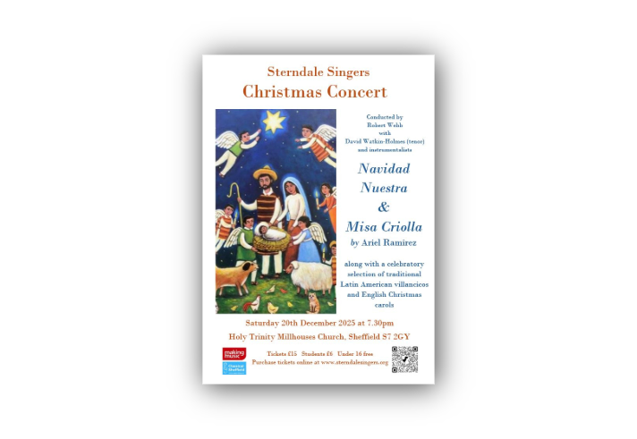 Poster for the Sterndale Singers Christmas Concert featuring an illustrated nativity scene with angels, shepherds, and animals. Text details include: ‘Sterndale Singers Christmas Concert,’ conducted by Robert Webb with David Watkin-Holmes (tenor) and instrumentalists. Program includes Navidad Nuestra and Misa Criolla by Ariel Ramirez, plus traditional Latin American villancicos and English Christmas carols.