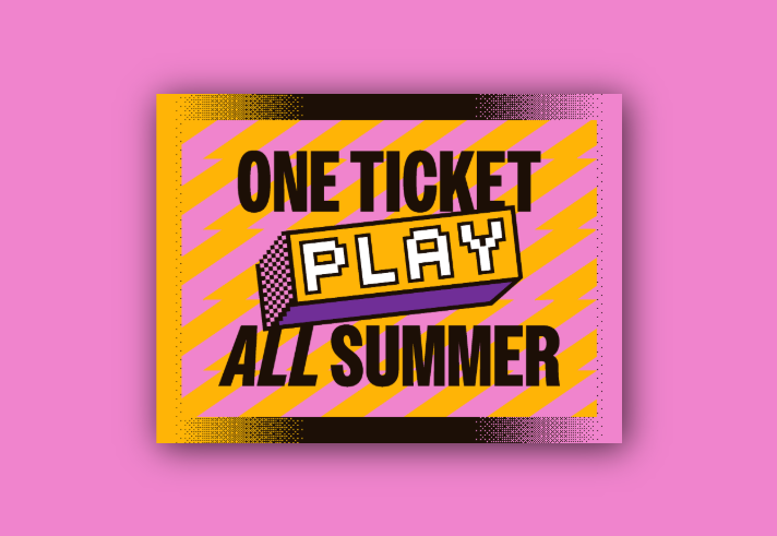 Graphic promoting the One Ticket Play All Summer campaign. Large black text reads “ONE TICKET” and “ALL SUMMER” around a pixel-art style 3D block displaying the word “PLAY”. The design features a bold pink and yellow zigzag background with retro video game-inspired graphics and halftone dot patterns in the corners. Bright colours and arcade-inspired typography create an energetic, playful feel.