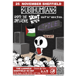 Poster for a live music event in Sheffield on 25 November. Headliner Subhumans is listed at the top, with support from Under the Influence, Silent Wave, Shreds and Lughole. Artwork shows a dark venue stage with speakers, a microphone, a skull-shaped figure, punk-style crowd silhouettes, a Palestinian flag and hanging signs. Venue: The Lughole, Sheffield S3 8EF. Doors 7pm. Tickets: £15 advance, £18 OTD, £7 youth. QR code and Terraphile Promotions logo at bottom.