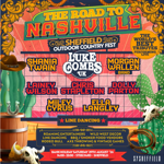 Promotional poster for “The Road to Nashville – Sheffield Outdoor Country Fest”. Western-themed design featuring cacti, cowboy hats, horseshoes, skulls and a desert backdrop. Tribute acts include Shania Twain, Luke Combs UK, Morgan Wallen Band, Lainey Wilson, Chris Stapleton, Dolly Parton, Miley Cyrus and Ella Langley. Activities include line dancing, roaming entertainers, rodeo bull, axe throwing, vintage games, BBQ and smoker food vendors. 
