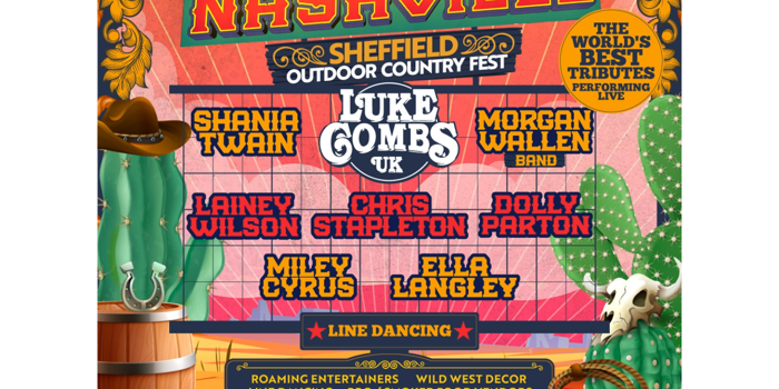 Promotional poster for “The Road to Nashville – Sheffield Outdoor Country Fest”. Western-themed design featuring cacti, cowboy hats, horseshoes, skulls and a desert backdrop. Tribute acts include Shania Twain, Luke Combs UK, Morgan Wallen Band, Lainey Wilson, Chris Stapleton, Dolly Parton, Miley Cyrus and Ella Langley. Activities include line dancing, roaming entertainers, rodeo bull, axe throwing, vintage games, BBQ and smoker food vendors. 