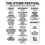 Poster for The Other Festival at Sidney & Matilda, Sheffield, taking place 24–26 July 2026. The black-and-white poster lists a three-day lineup of alternative, indie and punk bands across Friday, Saturday and Sunday. Headline acts include Femur, Alphabet, Beat Bunker, Flat Moon, Drury Hill, Steel Dancin’, Speed for Lovers, and SevenBy7. The poster states “Free Entry” and “All Welcome, Always”, alongside the Sidney & Matilda logo.