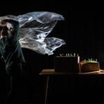 A person pulling a polythene sheet off a table that has a scale model of a forest.