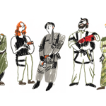 Sketch-style character artwork showing five figures standing side by side against a plain background. Each wears distinctive clothing and accessories, including a long green coat, a black dress, a grey outfit, tactical-style gear with red gloves, and striped clothing with glasses. Drawn with loose black lines and muted colours, the illustration resembles an early concept art sheet or character design study.