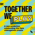 Promotional poster for the National Videogame Museum (NVM) exhibition Together We Play. Large black text reads “TOGETHER WE PLAY” over a bold turquoise and yellow zigzag background. A pixel-art style 3D block highlights the word “PLAY”. Below, text reads: “A new exhibition celebrating the fans videogames create.” Logos for the BFI and The National Lottery appear in the bottom right, alongside text noting support from the BFI National Lottery Screen Heritage Fund.