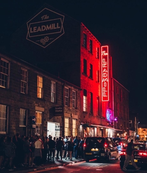 Exterior shot of the Leadmill at night.