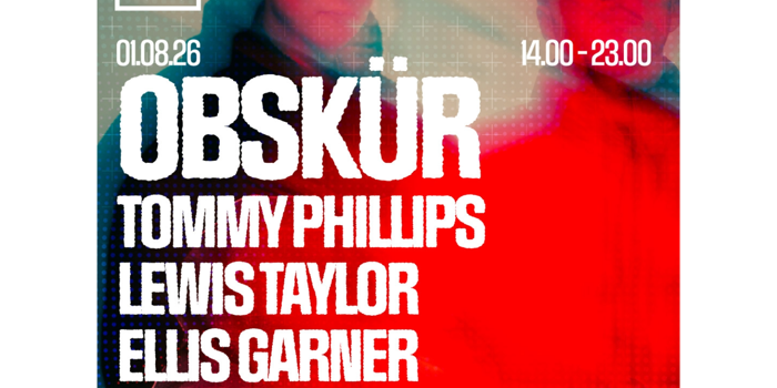 Promotional poster for a Groovebox event at Steelyard, Sheffield. The background features two blurred monochrome portraits with red and blue lighting effects and a grid overlay. Large white text reads: “OBSKÜR” with support from “Tommy Phillips, Lewis Taylor, Elus Garner and H3”. Event details: “01.08.26”, “14.00–23.00”. Groovebox logo appears top left, with “SY Sheffield” branding bottom right.