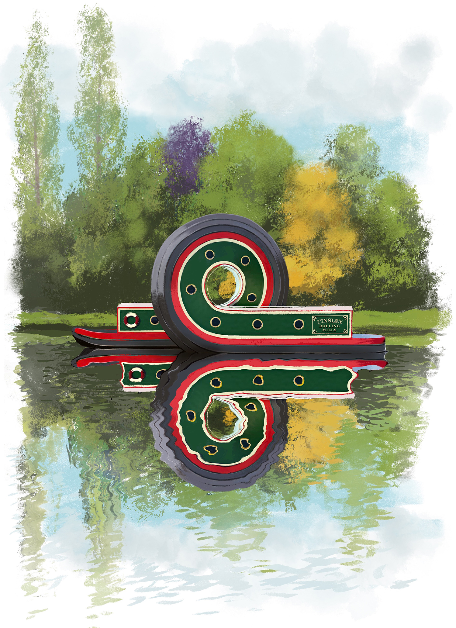 Illustration of a green and red canal boat sculpture partially submerged in calm water, forming a circular shape with its reflection. The background shows tall trees and dense foliage in shades of green, yellow, and purple under a soft, cloudy sky.