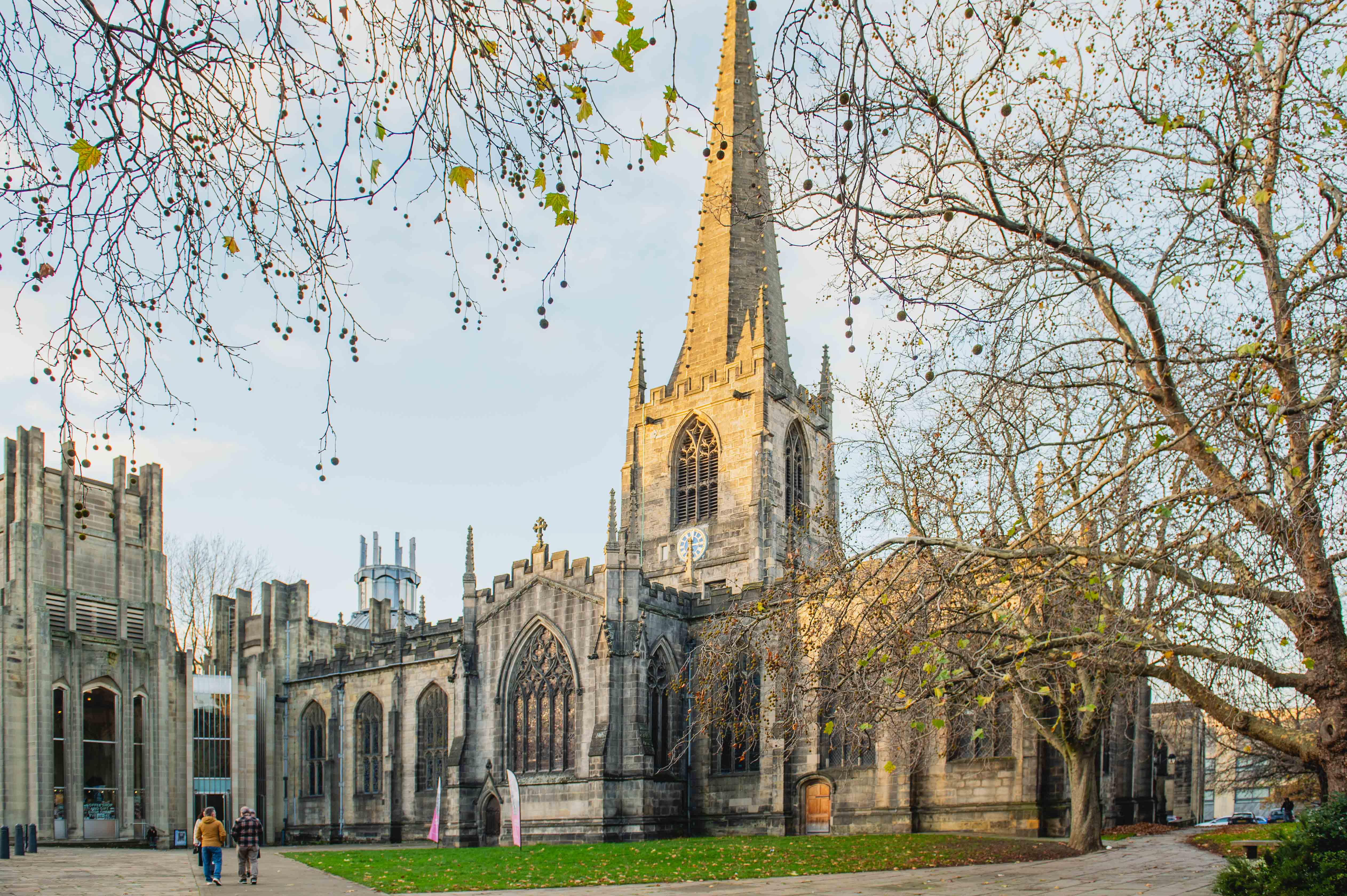 Exterior view of Sheffield Cathedral with its tall spire, Gothic-style architecture, and large arched windows. The scene includes leafless trees framing the foreground and a paved walkway leading to the entrance, with soft daylight illuminating the stone building.