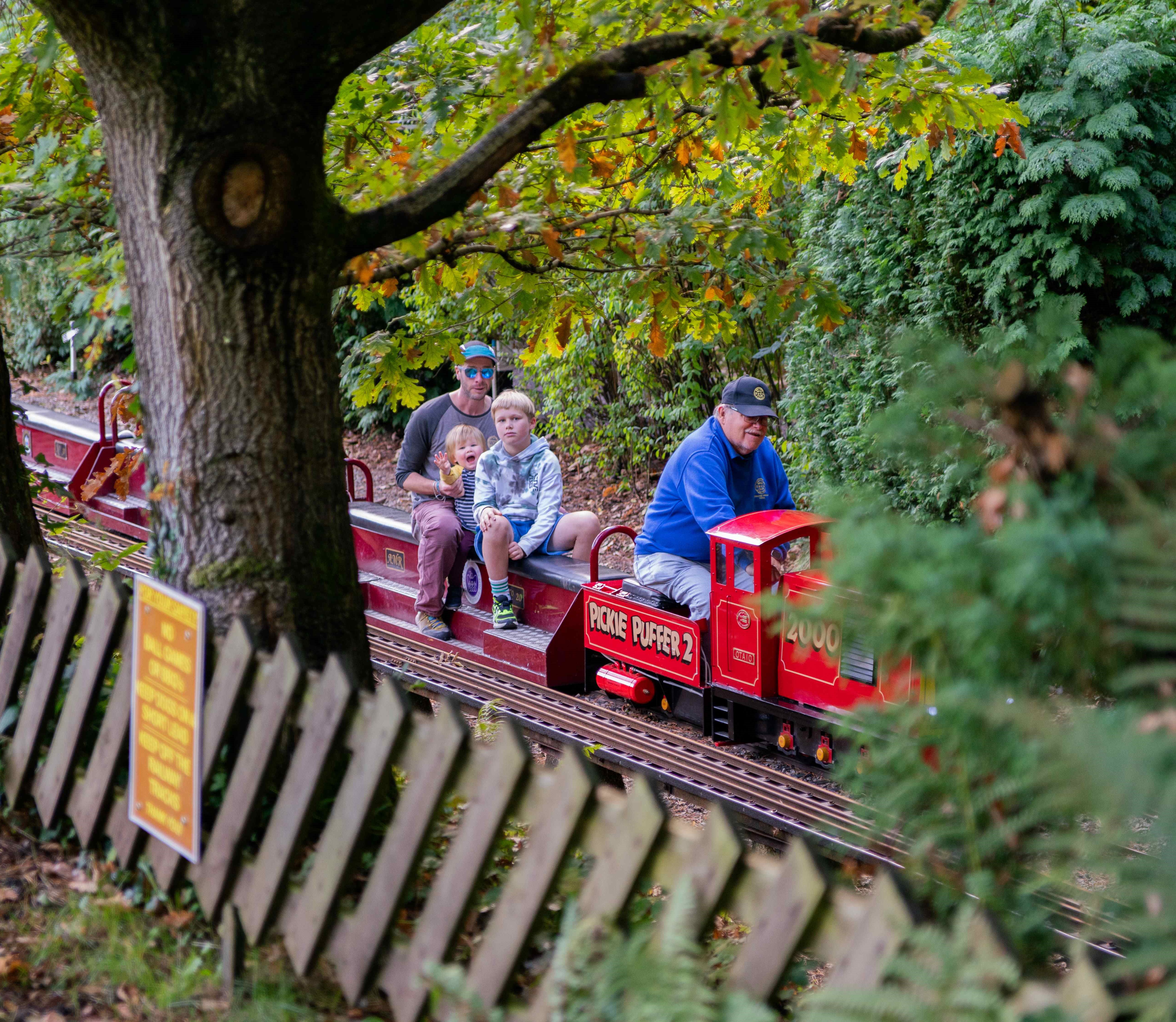 A family rides on a miniature steam train through a wooded area at the Abbeydale Miniature Railway in Sheffield.
