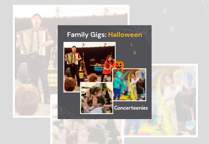 Promotional graphic for “Family Gigs: Halloween” by Concerteenies. A dark grey background features spiderweb illustrations and hanging spiders. Three photos show a lively family music event: two performers in red outfits play accordion and clarinet on stage, children watch and clap, and youngsters dance with colourful scarves and bubbles. A cartoon pumpkin decorates the collage. White and orange text reads “Family Gigs: Halloween” and “Concerteenies”.