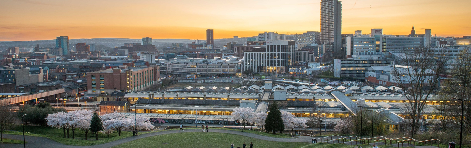 A striking cityscape view of Sheffield at dusk taken from South Street Park amphitheatre during springtime with blossom on the trees