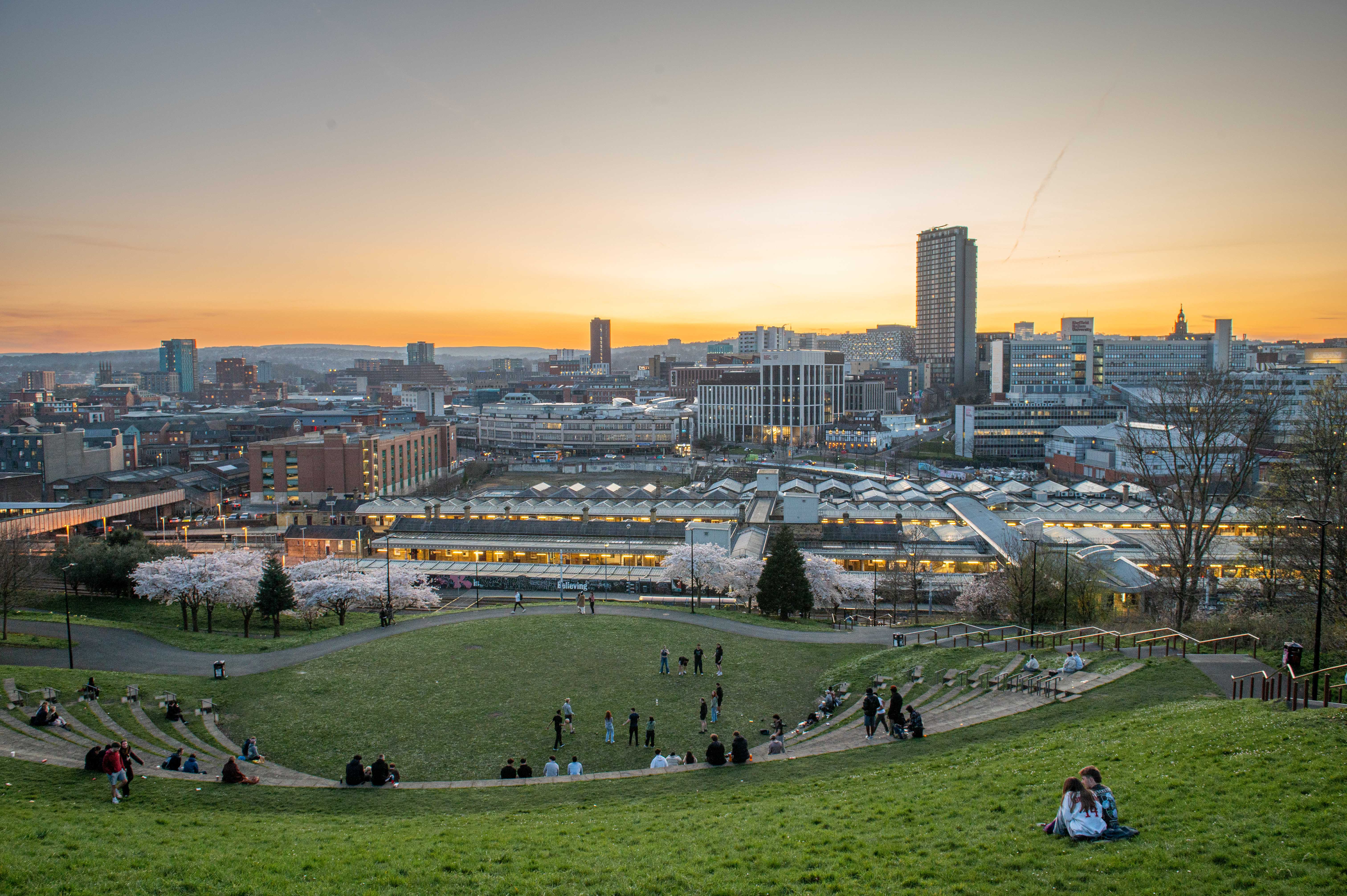 Sunset city view of Sheffield from South Street Park