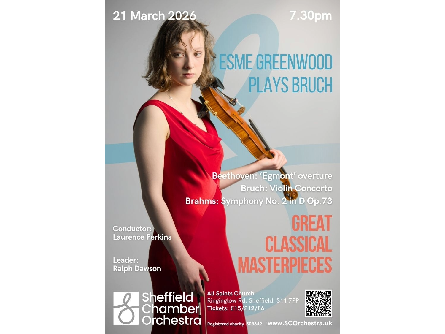 Poster for the event, listing the details, and a photo of Esme Greenwood posing with her violin. 