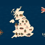  Map of Great Britain on a dark blue background showing 16 UK treasure hunt locations. Cities include Glasgow, Edinburgh, Newcastle, York, Leeds, Sheffield, Manchester, Liverpool, Chester, Birmingham, Nottingham, Cambridge, Oxford, Bristol, Bath and Brighton. Each city is marked with an illustrated local landmark or symbol. A compass rose appears on the left, a Union flag in the top right, and Lindle branding with the website lindle.co.uk in the bottom right.