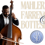 Promotional graphic for a classical music programme titled “Mahler, Farrenc, Bottesini.” On the left, a musician in a black suit and white shirt plays a large wooden double bass with a bow. On the right, the title appears in large cream-coloured lettering against a light grey background, with a decorative blue treble clef overlay. A circular blue-and-white monogram logo is positioned at the bottom right.