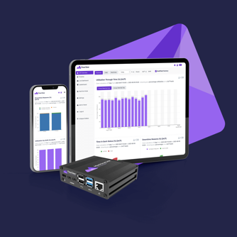 A smartphone, tablet, and compact black hardware device are displayed against a dark blue background with a purple geometric shape. The screens of the phone and tablet show analytics dashboards featuring bar charts and data in purple and white tones. The hardware device has multiple USB ports and branding that matches the purple theme.