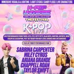 A colourful K‑pop festival poster with a purple‑pink gradient background decorated with bubbles and stars. The title “K‑POP UNIVERSE: The Festival” appears at the top, with “K‑POP LIVE” in large metallic text. Two stylised 3D characters stand on either side of the poster, each posing in front of a soft cityscape. The poster advertises live K‑pop performances, choreography, dancers, and tribute acts for Sabrina Carpenter, Miley Cyrus, Ariana Grande, Chappell Roan, and Taylor Swift. 