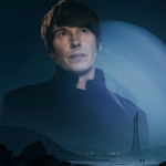 A dark, futuristic landscape with rocky terrain in the foreground and a towering structure in the distance. Behind the structure is a massive planet with a glowing blue hue, dominating the night sky. The scene has a sci-fi aesthetic with dramatic lighting and deep shadows.