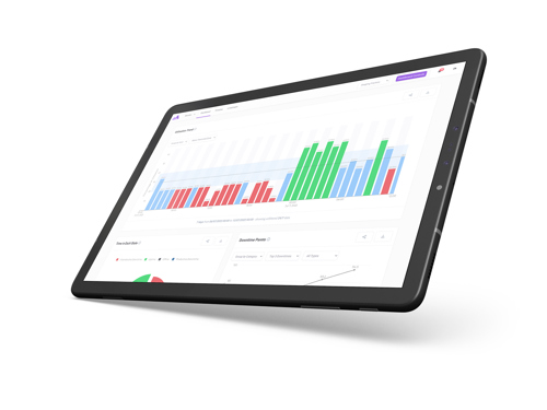 A black tablet displayed at an angle showing a data dashboard with colorful bar charts in blue, red, and green. The screen also includes smaller graphs and circular charts below the main chart. The background is plain white, highlighting the device and its content.