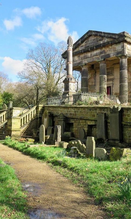 Samuel Worth Chapel at Sheffield General Cemetery in the sunshine.