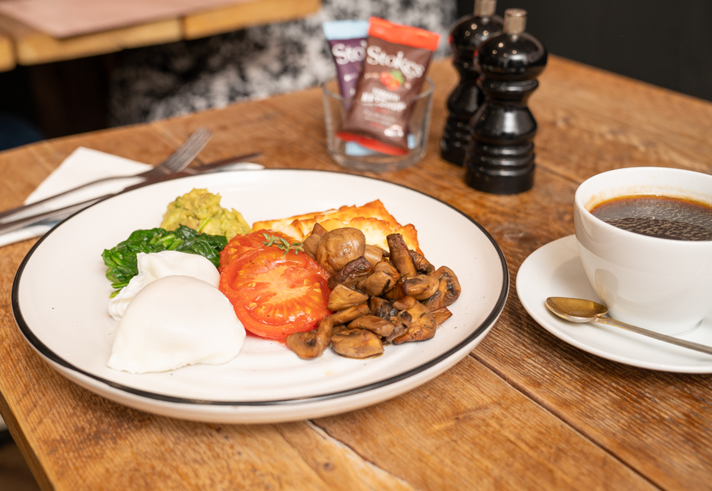 An English breakfast and a cup of coffee.