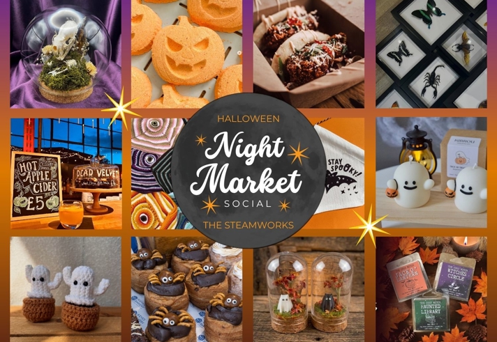 Halloween Night Market Social collage featuring spooky crafts, pumpkin decorations, food, hot cider, ghost-themed items and autumnal gifts.