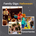 Promotional graphic for “Family Gigs: Halloween” by Concerteenies. A dark grey background features spiderweb illustrations and hanging spiders. Three photos show a lively family music event: two performers in red outfits play accordion and clarinet on stage, children watch and clap, and youngsters dance with colourful scarves and bubbles. A cartoon pumpkin decorates the collage. White and orange text reads “Family Gigs: Halloween” and “Concerteenies”.