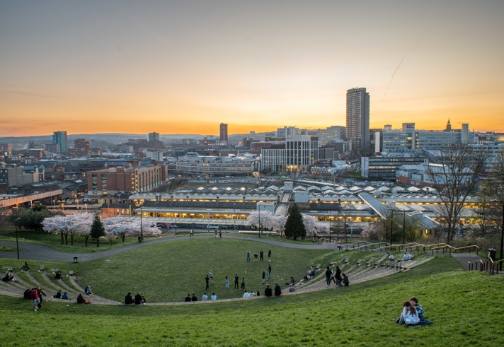 Sunset view of Sheffield viewed from South Street Park and amphitheatre 