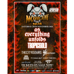 Colourful music festival poster for Novacaine 2026 at Corporation, Sheffield, celebrating 25 years of the venue. A fierce cartoon rabbit head with glowing eyes appears above the event title. The event takes place on Saturday 28 November 2026. Featured acts include As Everything Unfolds, Tropic Gold, Thecityisours, Hacktivist, Glass Bridges, Foxhaunt, Night Thieves, The Mechanist, The Heir Apparition and WNSDY AT 7. Tickets are on sale via novacaine.co.uk/tickets. Red and black grunge-style background.