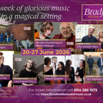 Poster for the Bradfield Festival of Music, with a purple background and a collage of images of the performers.