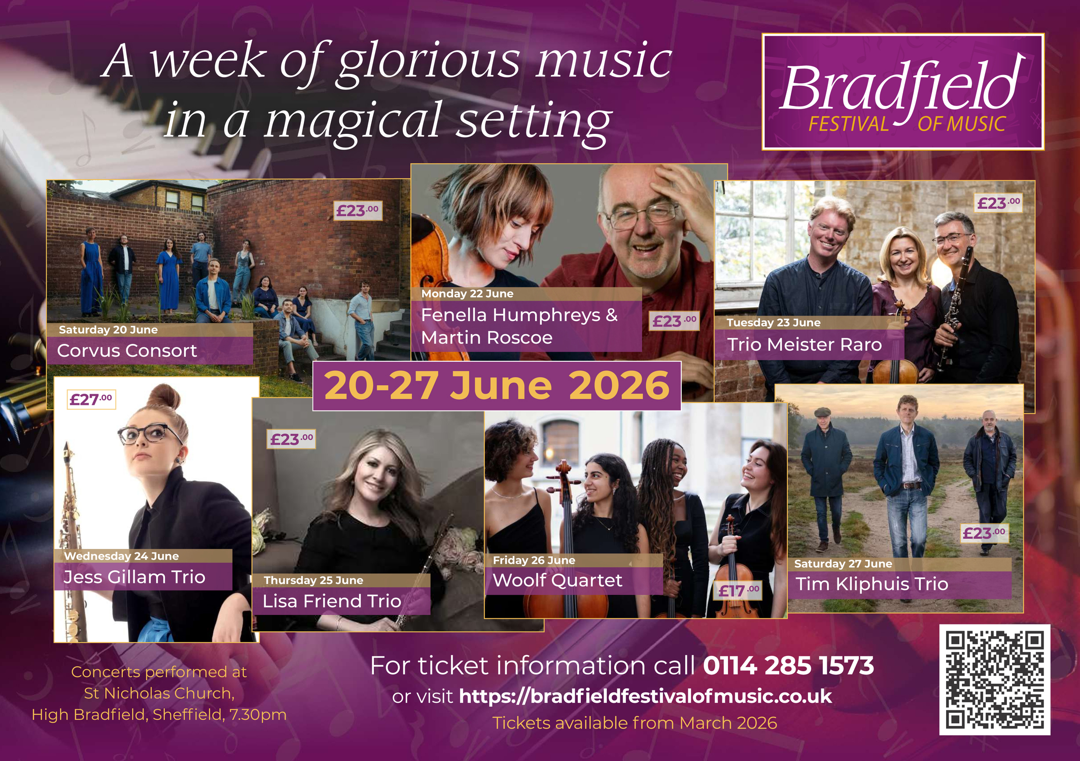 Poster for the Bradfield Festival of Music, with a purple background and a collage of images of the performers.