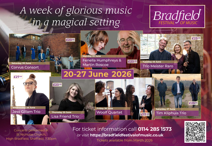 Poster for the Bradfield Festival of Music, with a purple background and a collage of images of the performers.