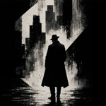 Black-and-white, high-contrast illustration of a solitary figure in a long coat and fedora standing on a wet, reflective street. The figure is silhouetted against angular shafts of light and abstract skyscraper shapes, creating a dramatic film noir atmosphere. Dark shadows frame the scene, with textured brush effects suggesting rain, mist, or urban decay.