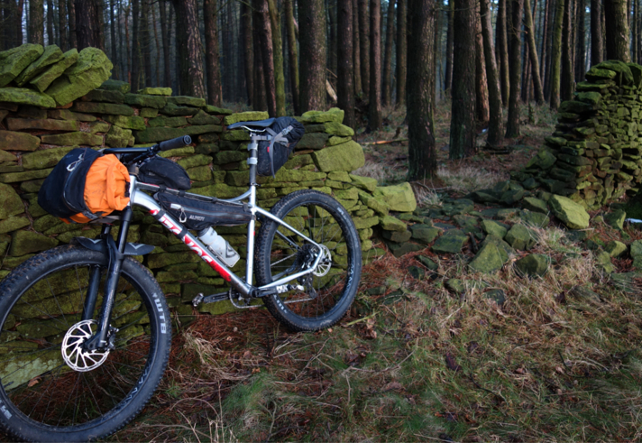 A bike leans up against an old, mossy wall in a wood.