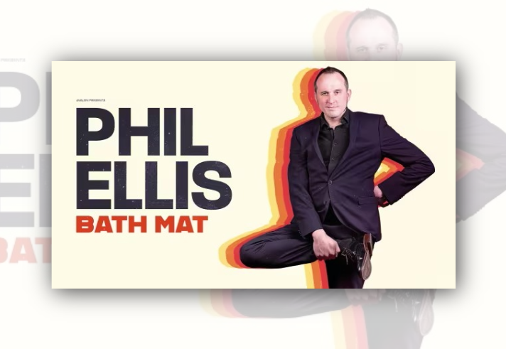 Promotional poster for “Phil Ellis: Bath Mat”. Large dark blue text reading “PHIL ELLIS” and smaller orange text reading “BATH MAT” appear on a light cream background. To the right, a person in a dark suit poses on one leg with a hand on their hip. A layered orange, red and yellow shadow effect behind the figure creates a retro, vibrant look.