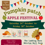 Poster for the event with illustrations of half barrels filled with pumpkins and apples with a dog sitting close by.