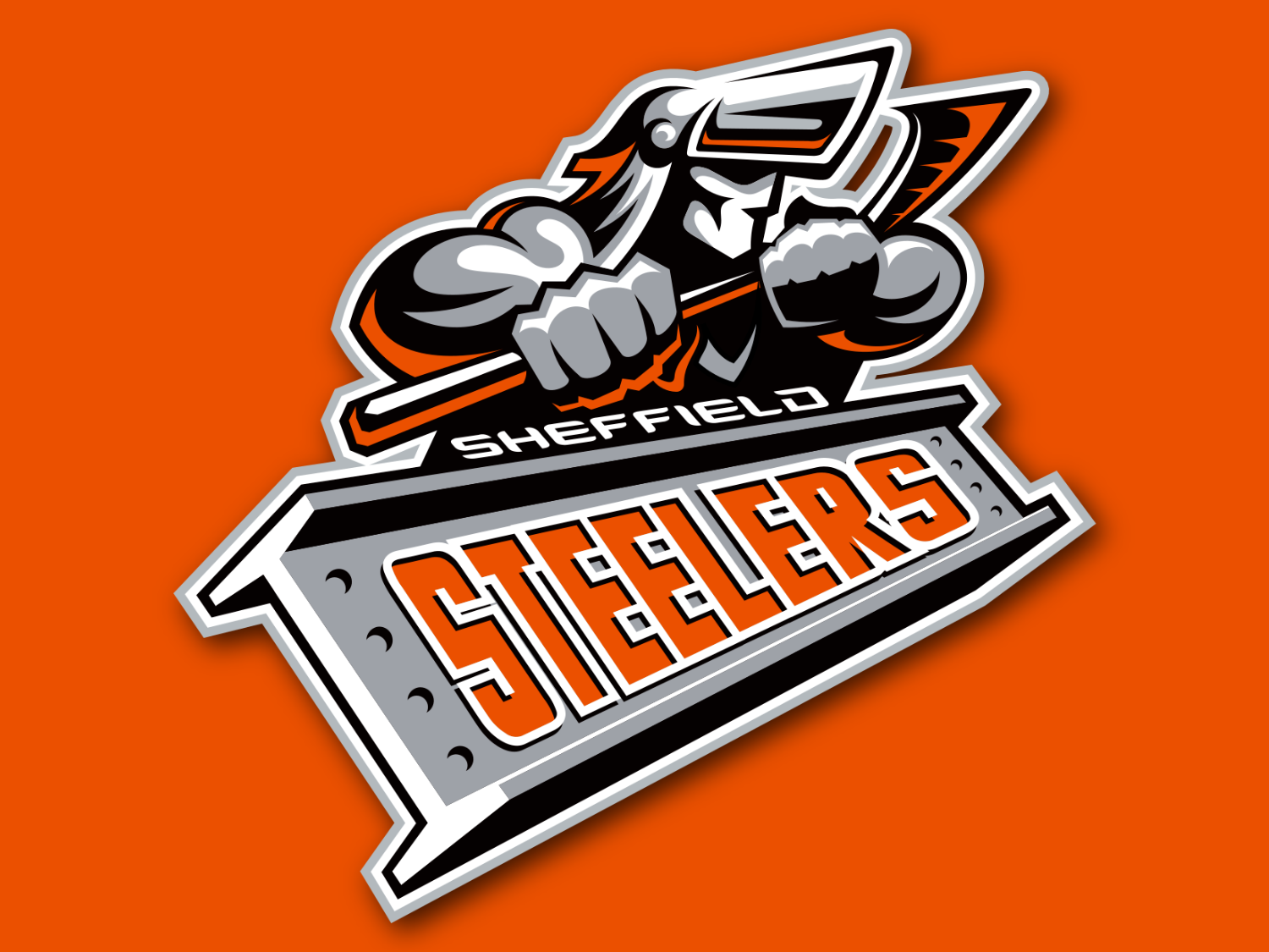 The Sheffield Steelers ice hockey team logo on a bright orange background.