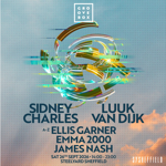 Promotional square graphic for Groovebox. A futuristic abstract circular design made of metallic gold, silver and turquoise curved shapes appears fragmented with digital glitch effects against a pale blue textured background. Line-up text lists Sidney Charles, Luuk Van Dijk, Ellis Garner, Emma 2000 and James Nash. Event details read: Saturday 26 September 2026, 14:00–23:00, at Steelyard Sheffield. Groovebox logo at the top and SYSHEFFIELD branding in the bottom right.