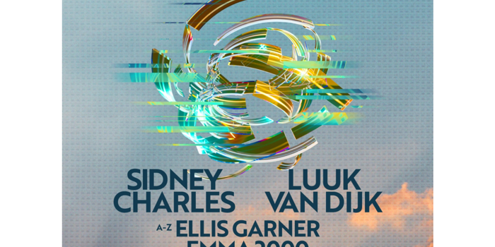 Promotional square graphic for Groovebox. A futuristic abstract circular design made of metallic gold, silver and turquoise curved shapes appears fragmented with digital glitch effects against a pale blue textured background. Line-up text lists Sidney Charles, Luuk Van Dijk, Ellis Garner, Emma 2000 and James Nash. Event details read: Saturday 26 September 2026, 14:00–23:00, at Steelyard Sheffield. Groovebox logo at the top and SYSHEFFIELD branding in the bottom right.