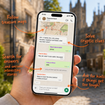 A hand holds a smartphone displaying a treasure hunt chat interface against a blurred historic city street. The screen shows a map, clue messages, participant answers and hints. Orange callouts highlight key features: follow treasure maps, solve cryptic clues, search for answers and uncover local stories, and ask for hints when stuck. The image promotes an interactive self-guided city treasure hunt using a mobile device.
