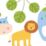 An illustration of a hippo, a lion and an elephant, in a jungle.