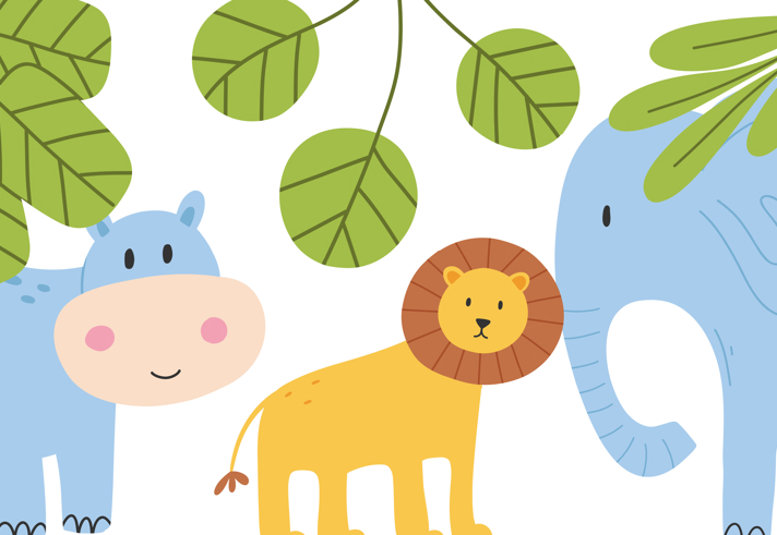 An illustration of a hippo, a lion and an elephant, in a jungle.